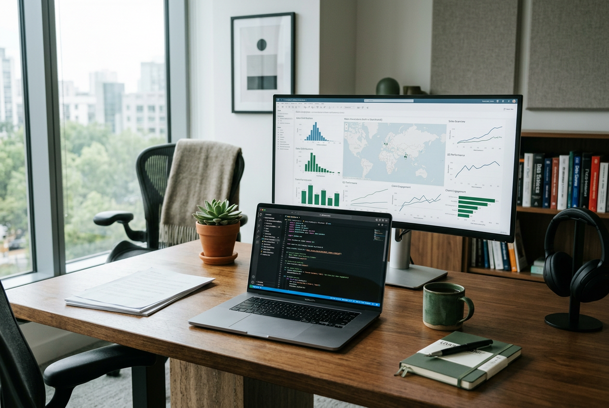 Professional software development and data analysis workspace